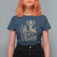 Saint Hubert Patron Saint of Hunters Vintage Woodcut T Shirt For Women Catholic Faith and Hunting Heritage Gift