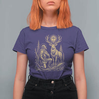 Saint Hubert Patron Saint of Hunters Vintage Woodcut T Shirt For Women Catholic Faith and Hunting Heritage Gift