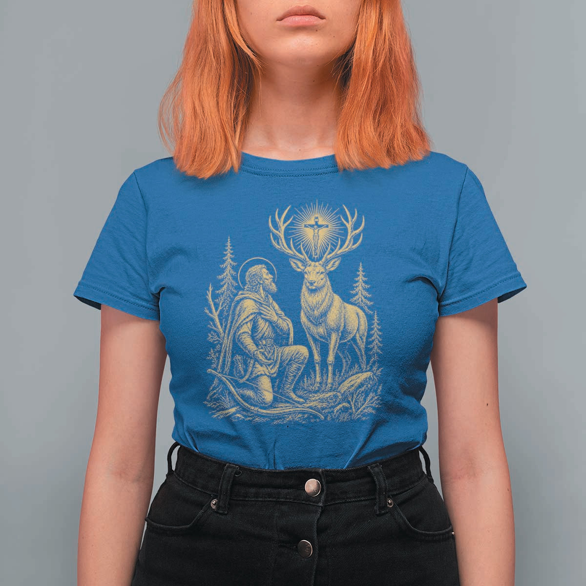 Saint Hubert Patron Saint of Hunters Vintage Woodcut T Shirt For Women Catholic Faith and Hunting Heritage Gift