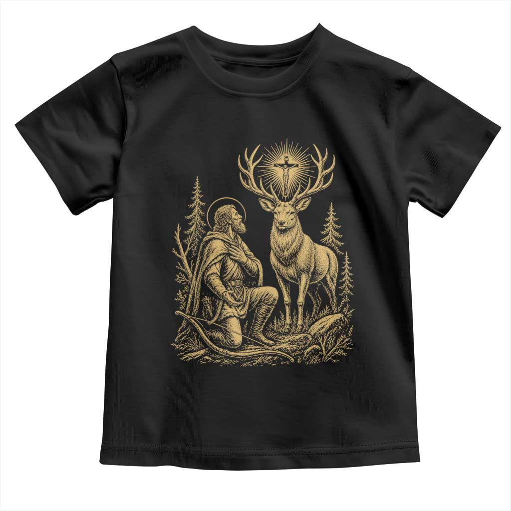 Saint Hubert Patron Saint of Hunters Vintage Woodcut Toddler T Shirt Catholic Faith and Hunting Heritage Gift