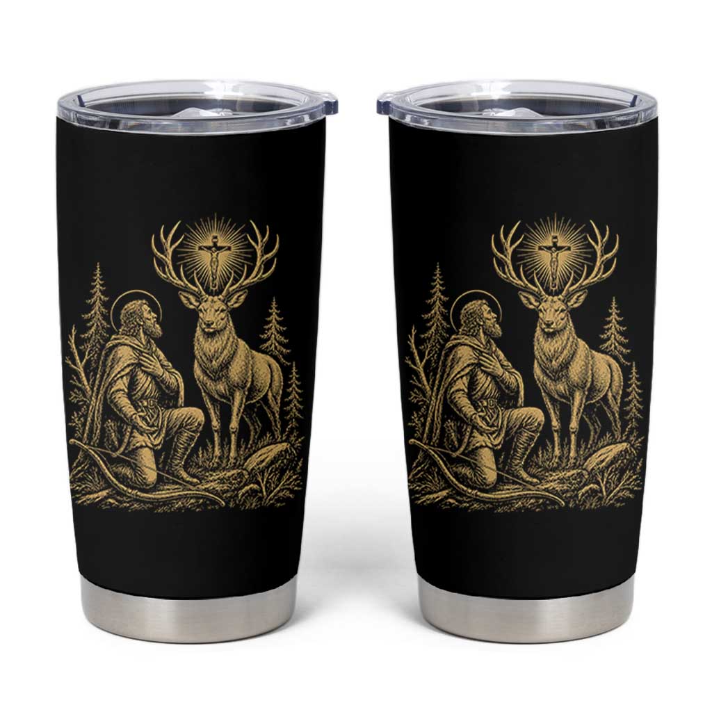Saint Hubert Patron Saint of Hunters Vintage Woodcut Tumbler Cup Catholic Faith and Hunting Heritage Gift