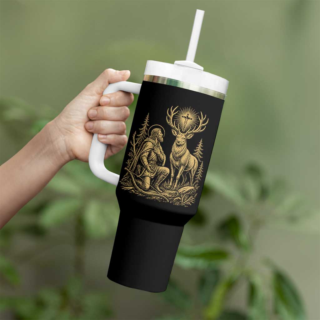 Saint Hubert Patron Saint of Hunters Vintage Woodcut Tumbler With Handle Catholic Faith and Hunting Heritage Gift