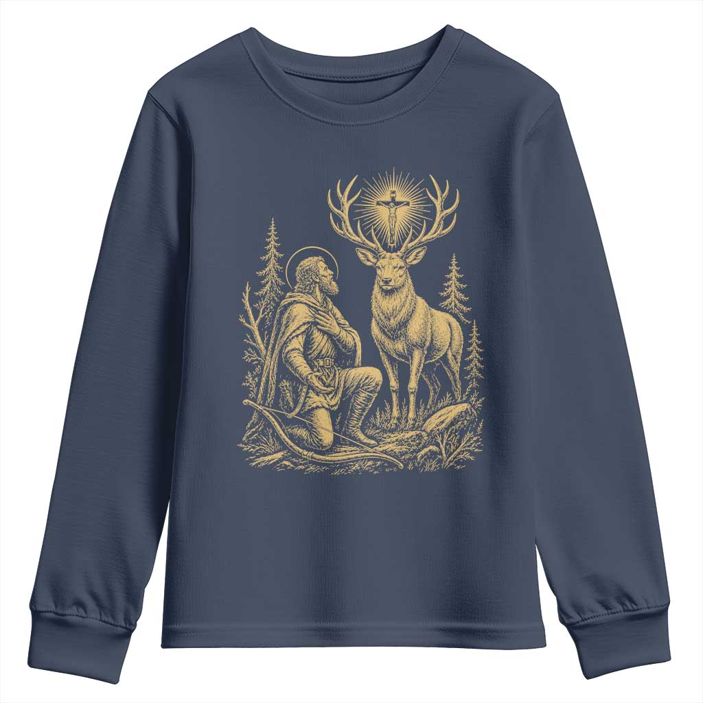 Saint Hubert Patron Saint of Hunters Vintage Woodcut Youth Sweatshirt Catholic Faith and Hunting Heritage Gift