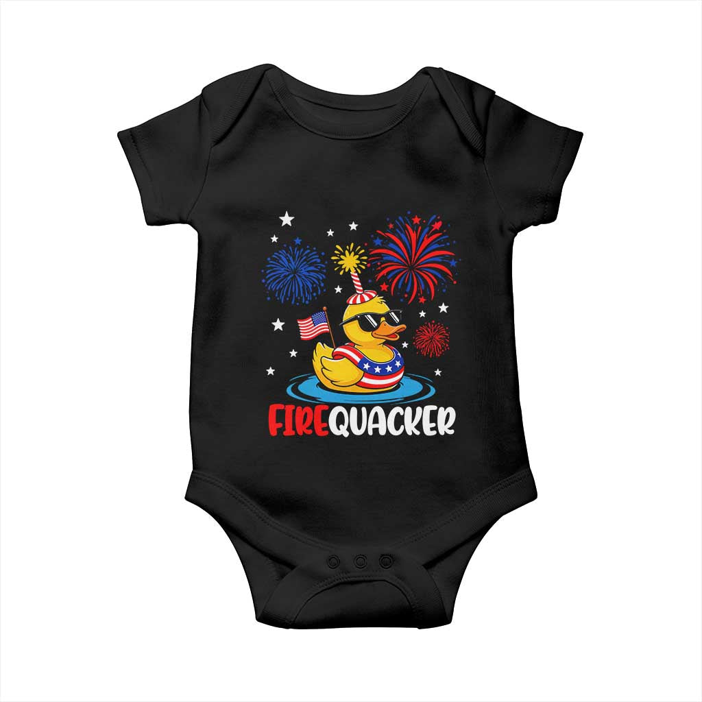 Firequacker Funny Patriotic Rubber Duck Baby Onesie Cool American Flag Sunglasses and Stars Swim Ring Summer Fireworks