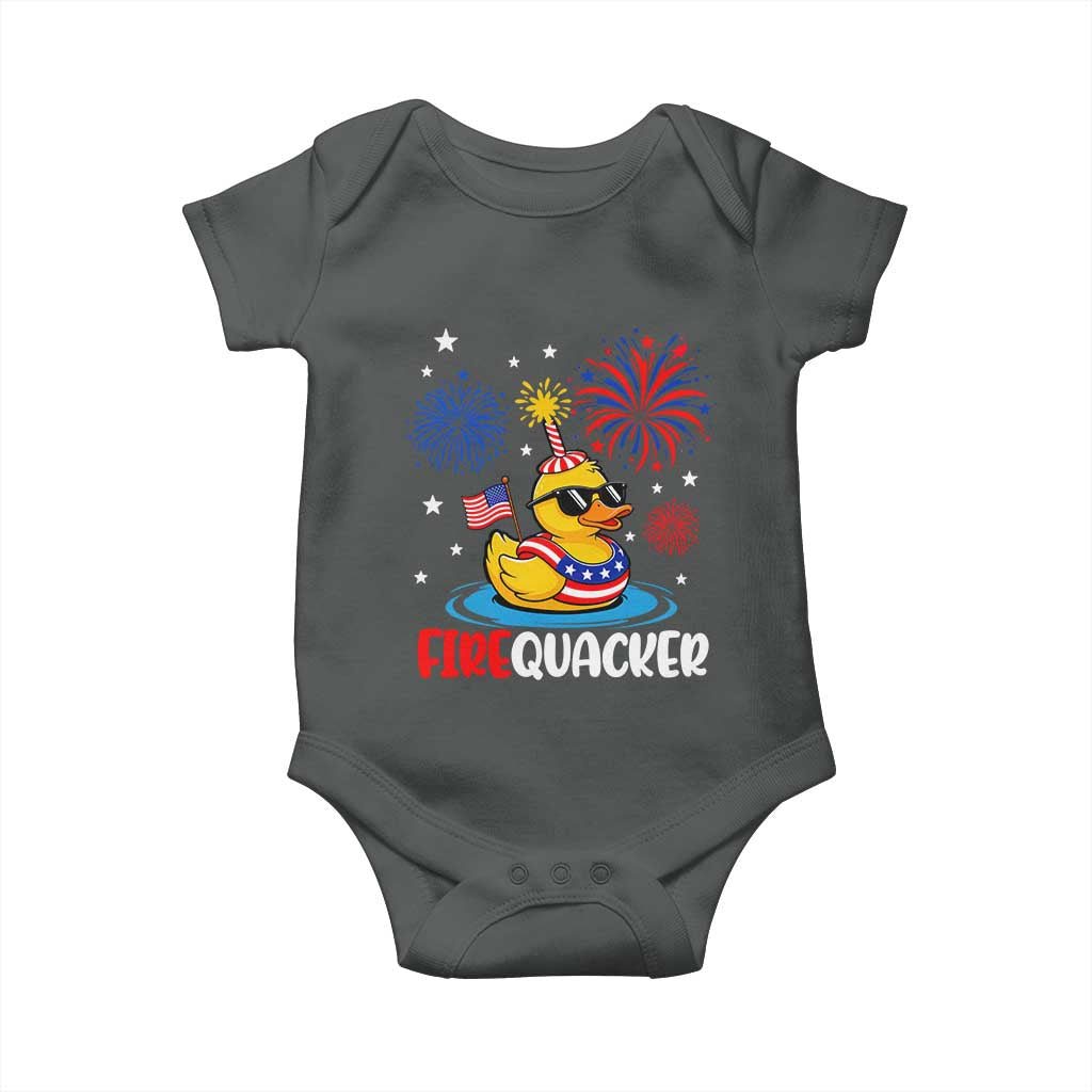 Firequacker Funny Patriotic Rubber Duck Baby Onesie Cool American Flag Sunglasses and Stars Swim Ring Summer Fireworks