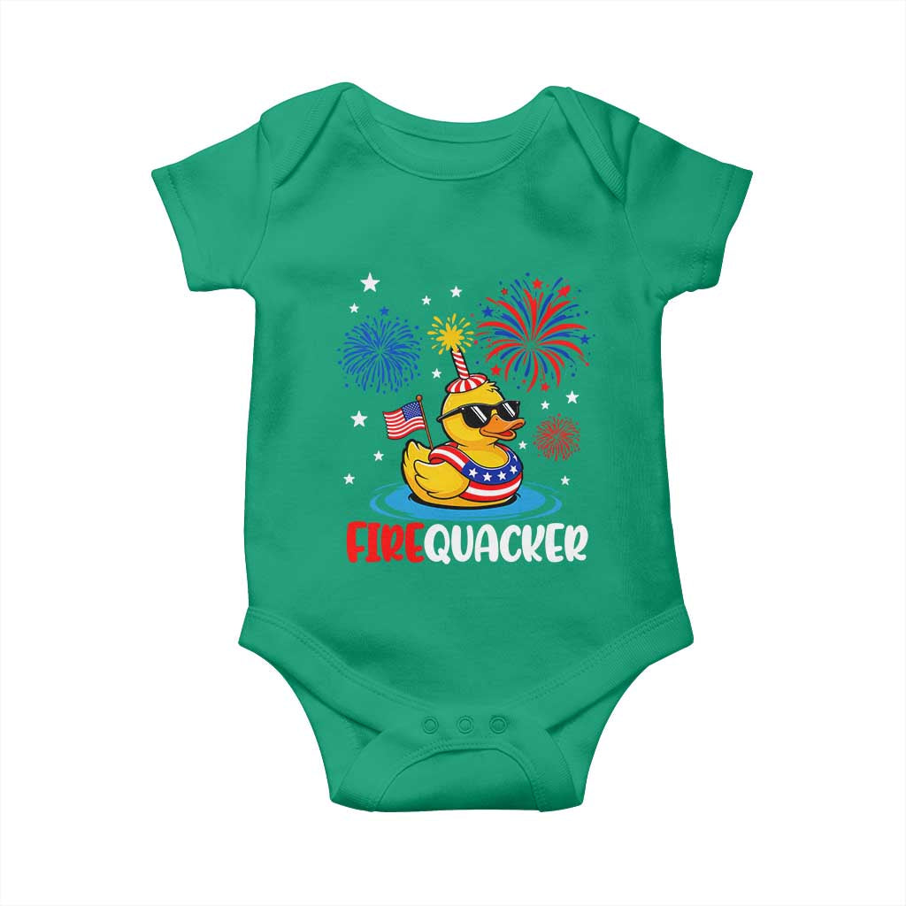 Firequacker Funny Patriotic Rubber Duck Baby Onesie Cool American Flag Sunglasses and Stars Swim Ring Summer Fireworks