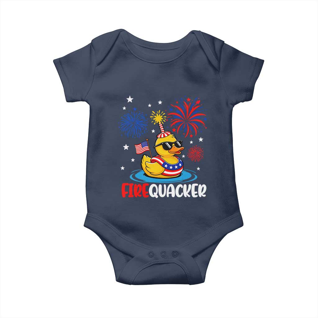 Firequacker Funny Patriotic Rubber Duck Baby Onesie Cool American Flag Sunglasses and Stars Swim Ring Summer Fireworks