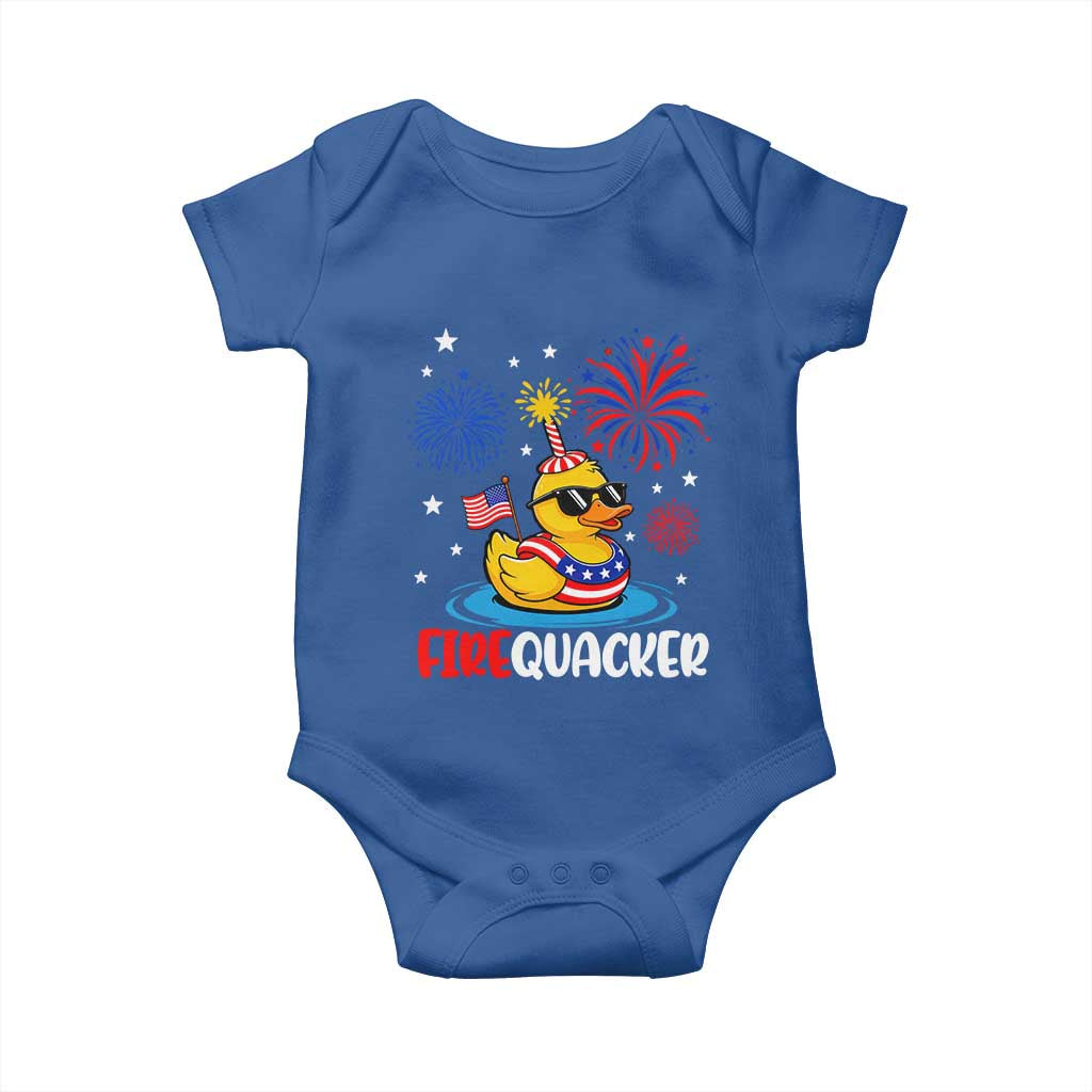 Firequacker Funny Patriotic Rubber Duck Baby Onesie Cool American Flag Sunglasses and Stars Swim Ring Summer Fireworks