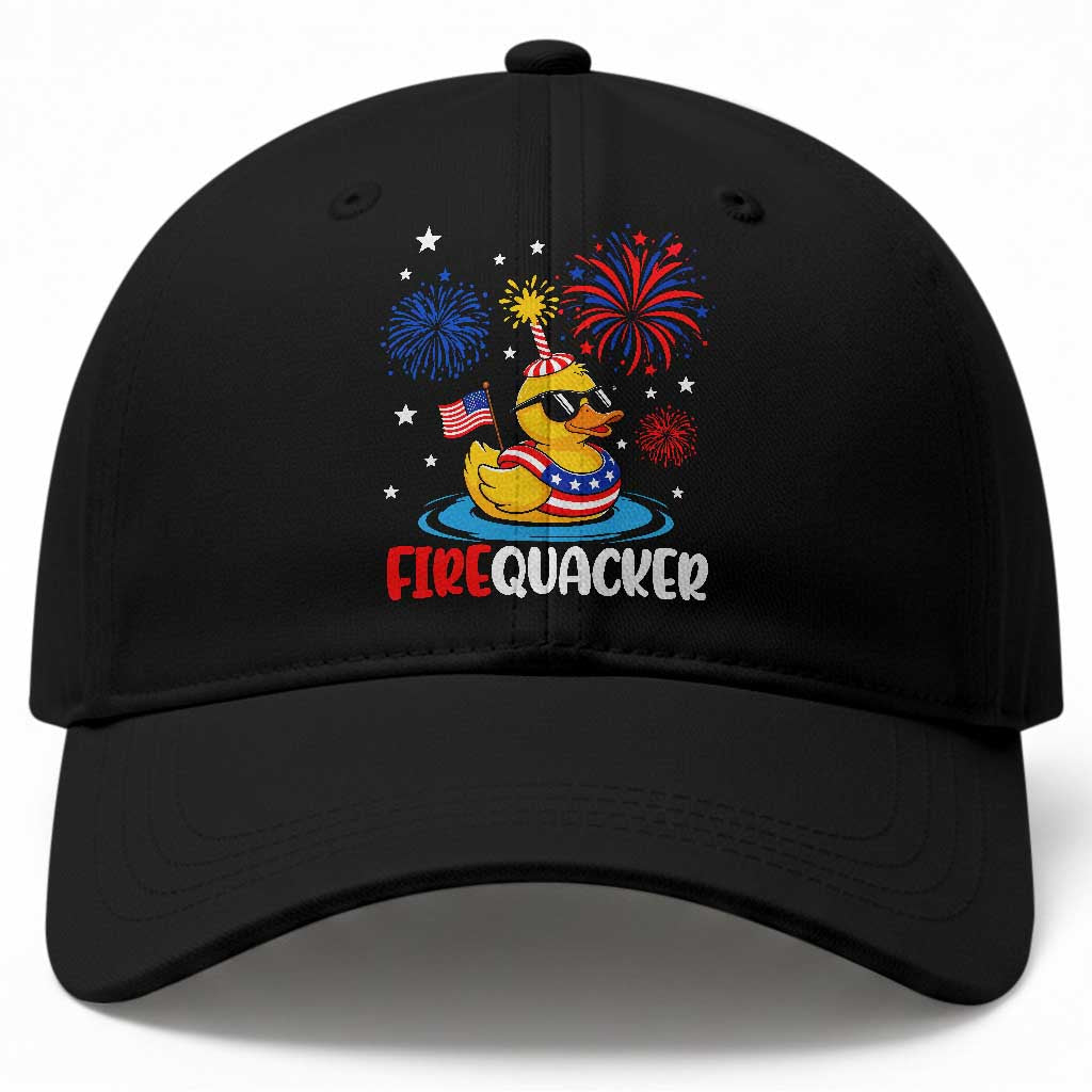Firequacker Funny Patriotic Rubber Duck Baseball Cap Cool American Flag Sunglasses and Stars Swim Ring Summer Fireworks