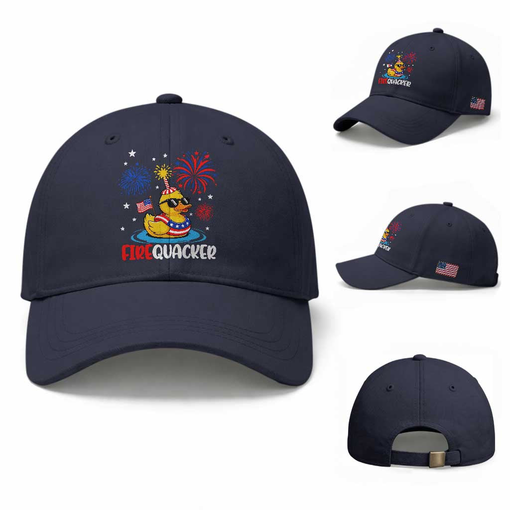 Firequacker Funny Patriotic Rubber Duck Baseball Cap Cool American Flag Sunglasses and Stars Swim Ring Summer Fireworks