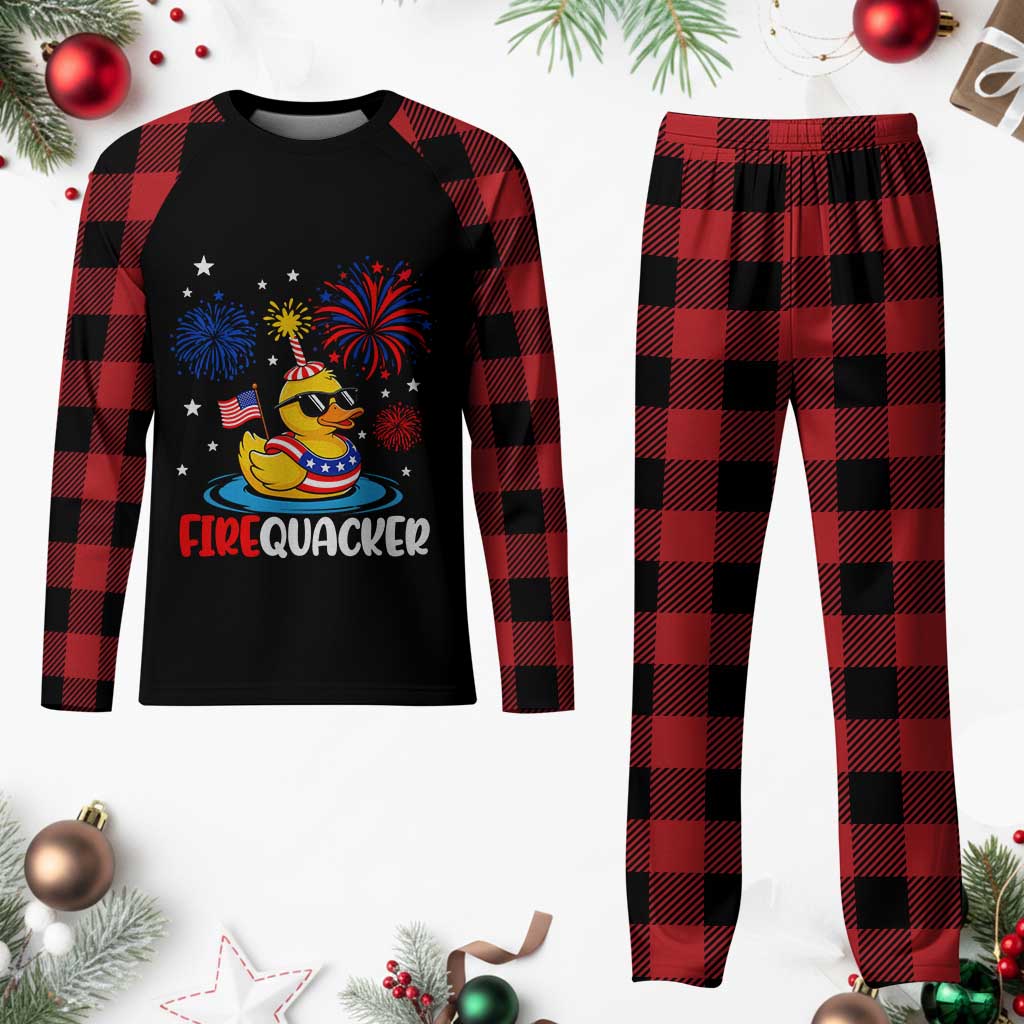 Firequacker Funny Patriotic Rubber Duck Plaid Pajama Set Cool American Flag Sunglasses and Stars Swim Ring Summer Fireworks