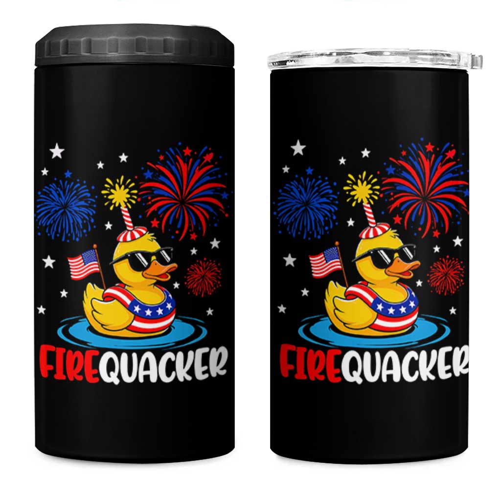 Firequacker Funny Patriotic Rubber Duck 4 in 1 Can Cooler Tumbler Cool American Flag Sunglasses and Stars Swim Ring Summer Fireworks