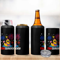 Firequacker Funny Patriotic Rubber Duck 4 in 1 Can Cooler Tumbler Cool American Flag Sunglasses and Stars Swim Ring Summer Fireworks