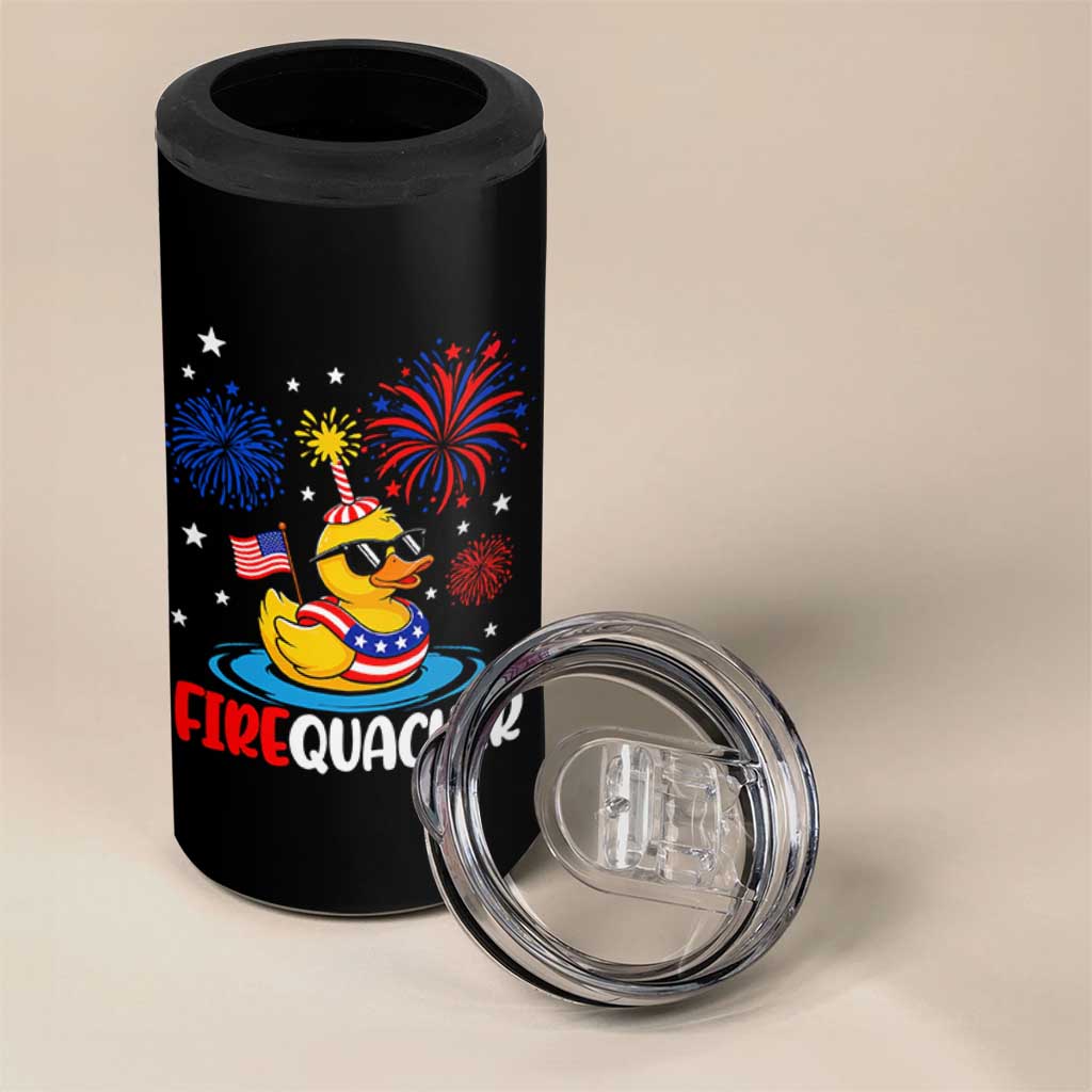 Firequacker Funny Patriotic Rubber Duck 4 in 1 Can Cooler Tumbler Cool American Flag Sunglasses and Stars Swim Ring Summer Fireworks