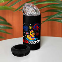Firequacker Funny Patriotic Rubber Duck 4 in 1 Can Cooler Tumbler Cool American Flag Sunglasses and Stars Swim Ring Summer Fireworks