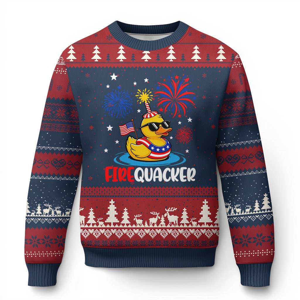 Firequacker Funny Patriotic Rubber Duck Ugly Christmas Sweater Cool American Flag Sunglasses and Stars Swim Ring Summer Fireworks