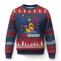 Firequacker Funny Patriotic Rubber Duck Ugly Christmas Sweater Cool American Flag Sunglasses and Stars Swim Ring Summer Fireworks