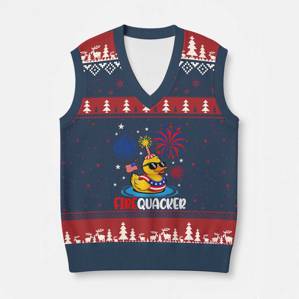 Firequacker Funny Patriotic Rubber Duck V-Neck Knit Sweater Vest Cool American Flag Sunglasses and Stars Swim Ring Summer Fireworks