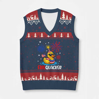 Firequacker Funny Patriotic Rubber Duck V-Neck Knit Sweater Vest Cool American Flag Sunglasses and Stars Swim Ring Summer Fireworks