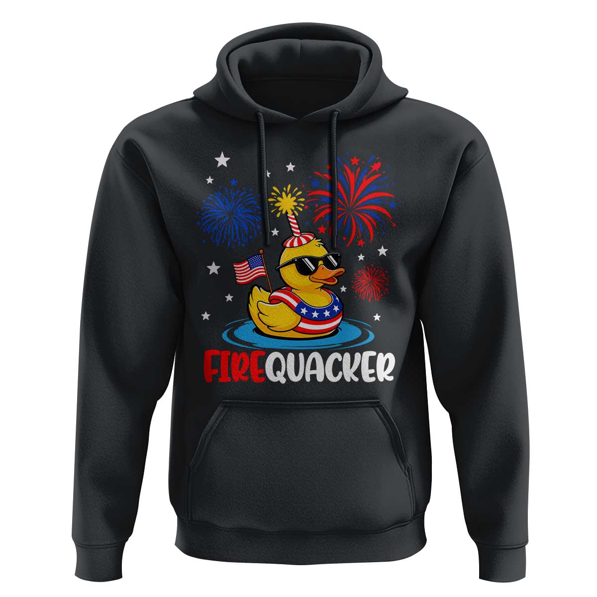 Firequacker Funny Patriotic Rubber Duck Hoodie Cool American Flag Sunglasses and Stars Swim Ring Summer Fireworks