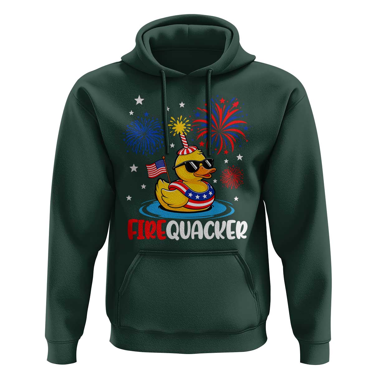 Firequacker Funny Patriotic Rubber Duck Hoodie Cool American Flag Sunglasses and Stars Swim Ring Summer Fireworks