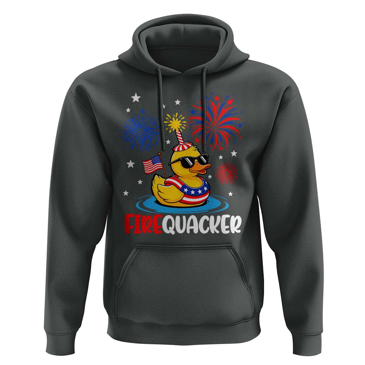 Firequacker Funny Patriotic Rubber Duck Hoodie Cool American Flag Sunglasses and Stars Swim Ring Summer Fireworks