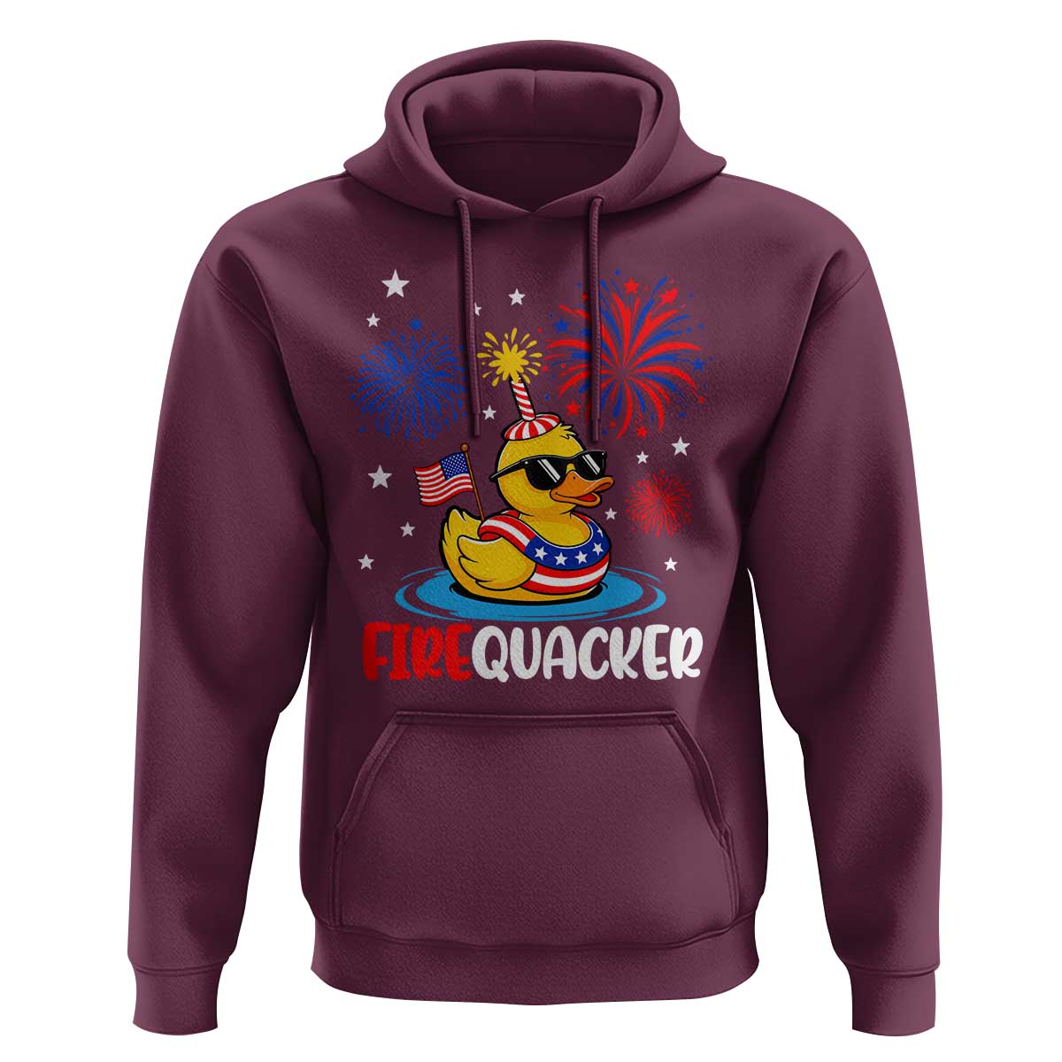 Firequacker Funny Patriotic Rubber Duck Hoodie Cool American Flag Sunglasses and Stars Swim Ring Summer Fireworks