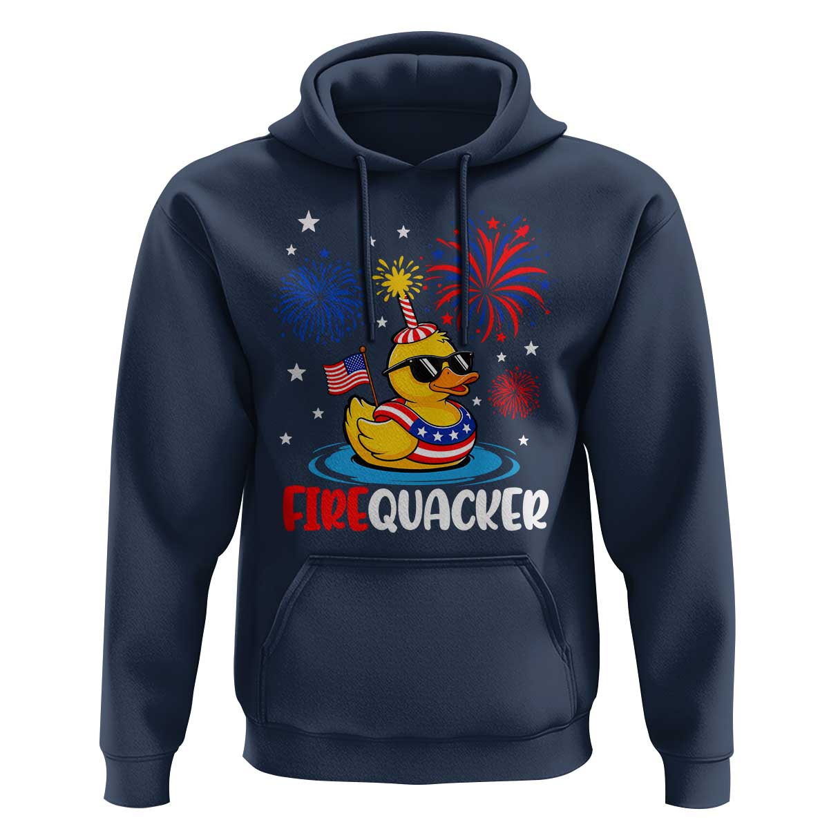 Firequacker Funny Patriotic Rubber Duck Hoodie Cool American Flag Sunglasses and Stars Swim Ring Summer Fireworks