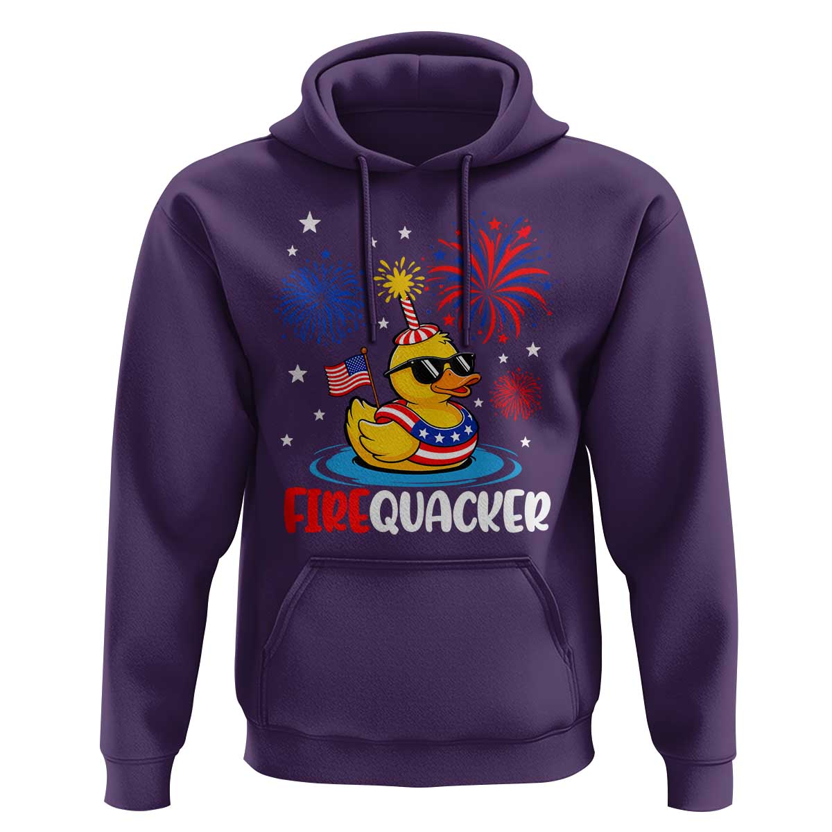 Firequacker Funny Patriotic Rubber Duck Hoodie Cool American Flag Sunglasses and Stars Swim Ring Summer Fireworks