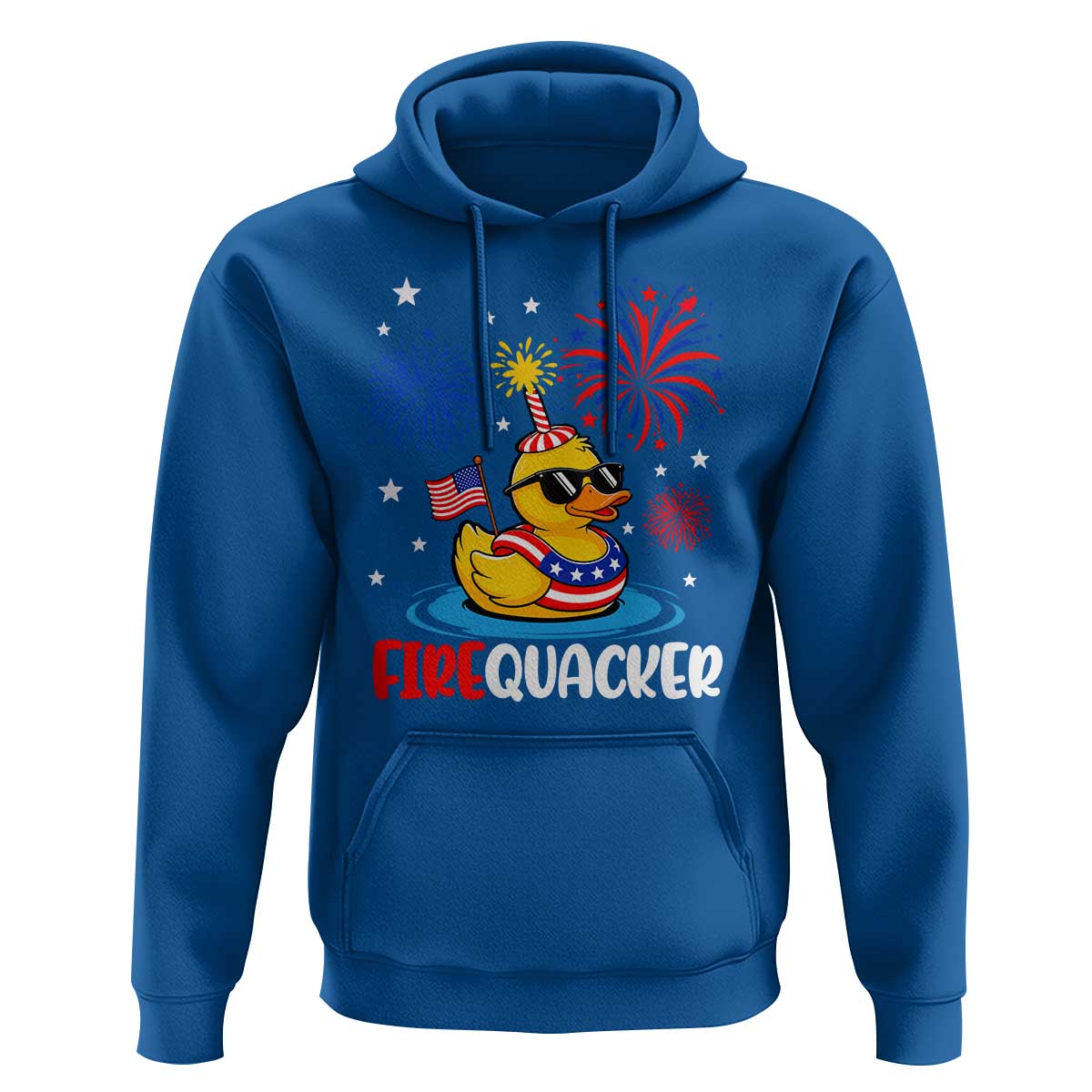 Firequacker Funny Patriotic Rubber Duck Hoodie Cool American Flag Sunglasses and Stars Swim Ring Summer Fireworks