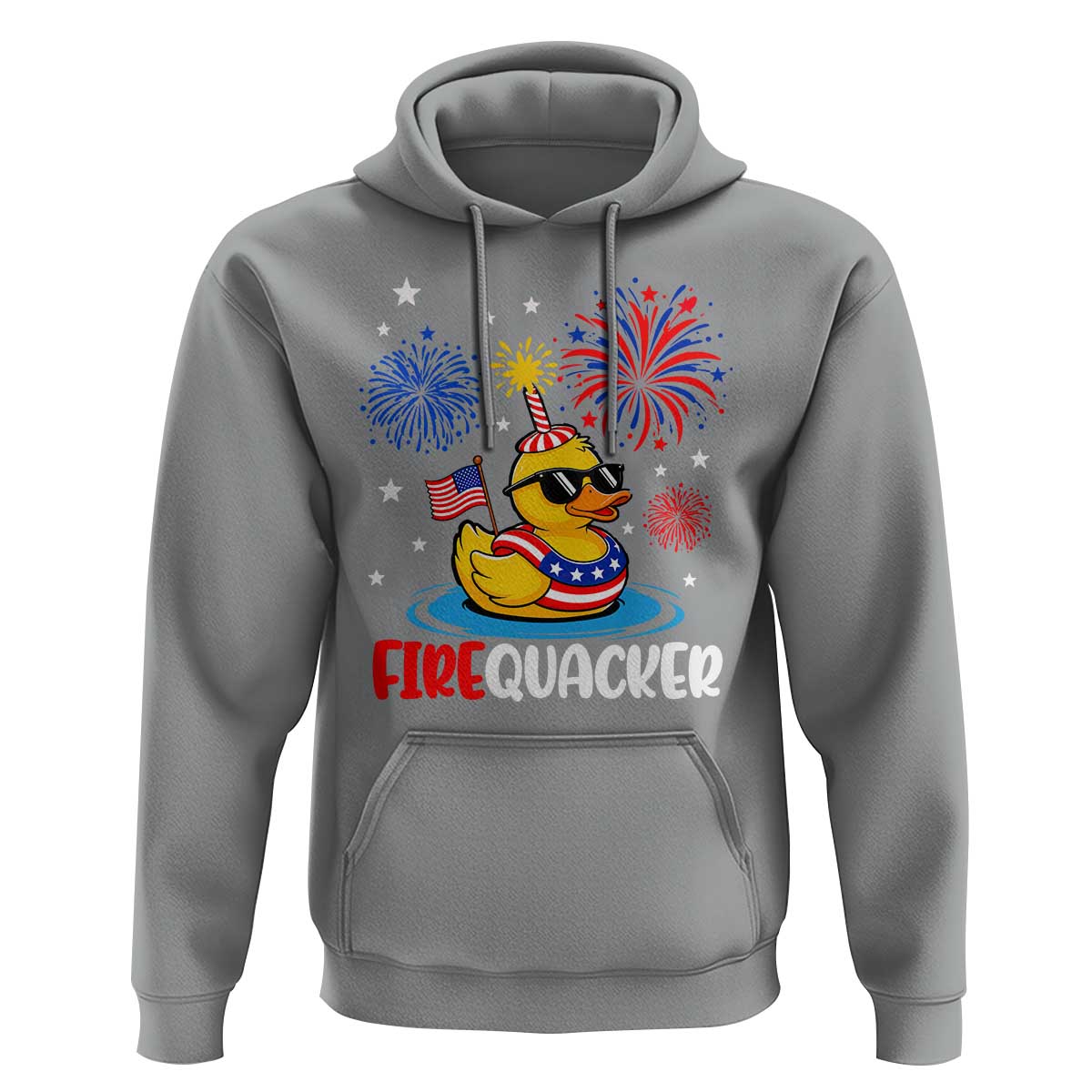 Firequacker Funny Patriotic Rubber Duck Hoodie Cool American Flag Sunglasses and Stars Swim Ring Summer Fireworks