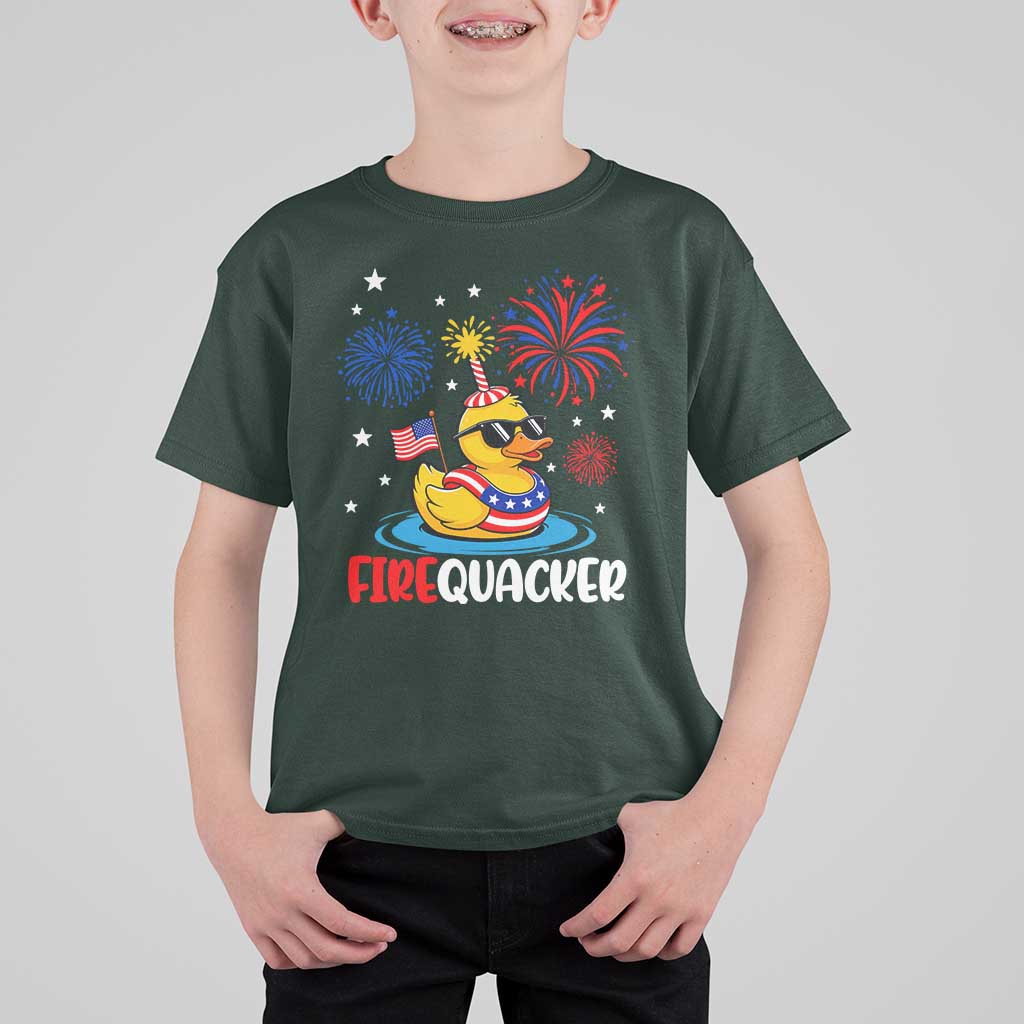 Firequacker Funny Patriotic Rubber Duck T Shirt For Kid Cool American Flag Sunglasses and Stars Swim Ring Summer Fireworks