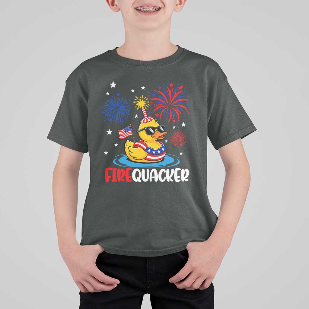 Firequacker Funny Patriotic Rubber Duck T Shirt For Kid Cool American Flag Sunglasses and Stars Swim Ring Summer Fireworks