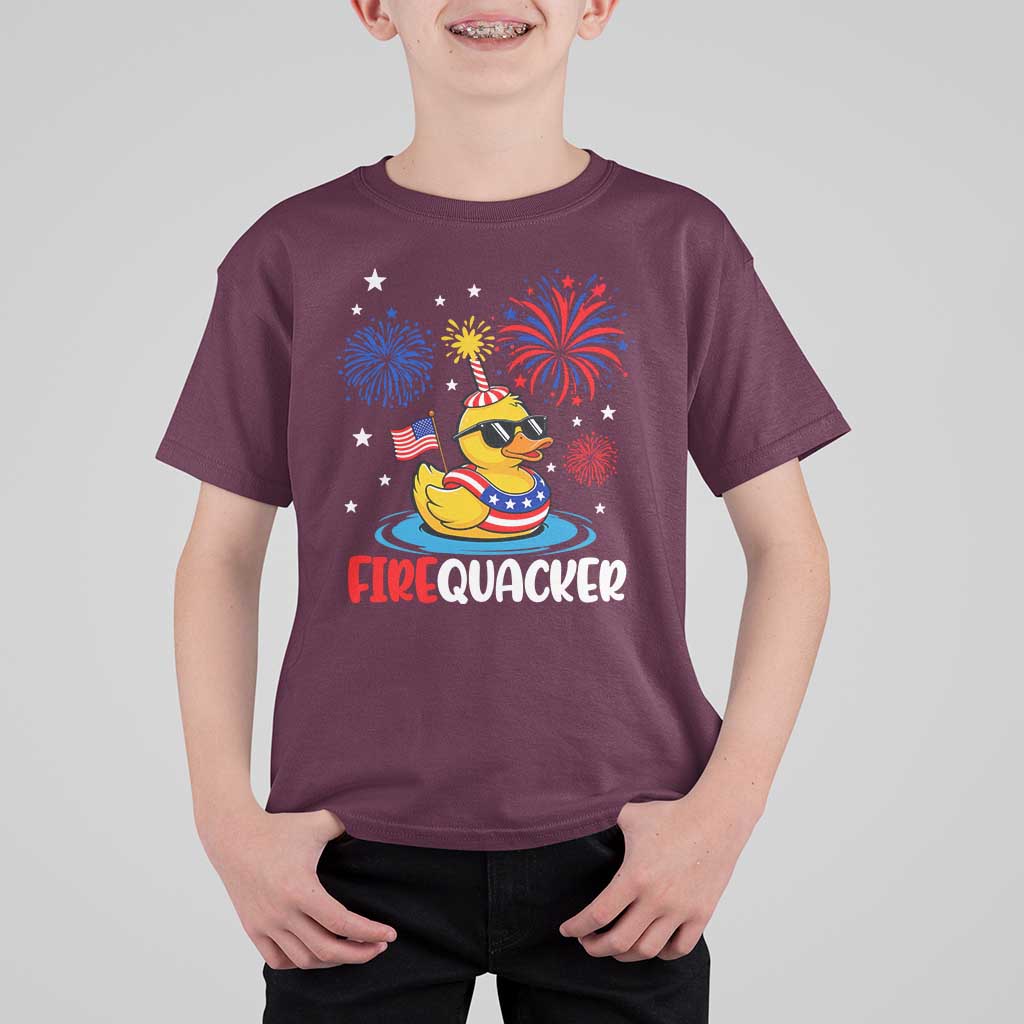 Firequacker Funny Patriotic Rubber Duck T Shirt For Kid Cool American Flag Sunglasses and Stars Swim Ring Summer Fireworks