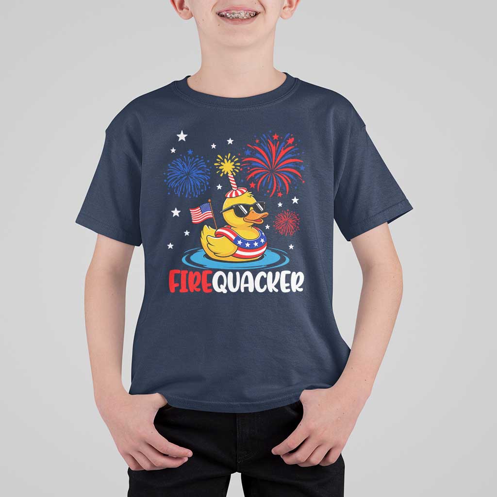 Firequacker Funny Patriotic Rubber Duck T Shirt For Kid Cool American Flag Sunglasses and Stars Swim Ring Summer Fireworks
