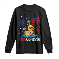 Firequacker Funny Patriotic Rubber Duck Long Sleeve Shirt Cool American Flag Sunglasses and Stars Swim Ring Summer Fireworks