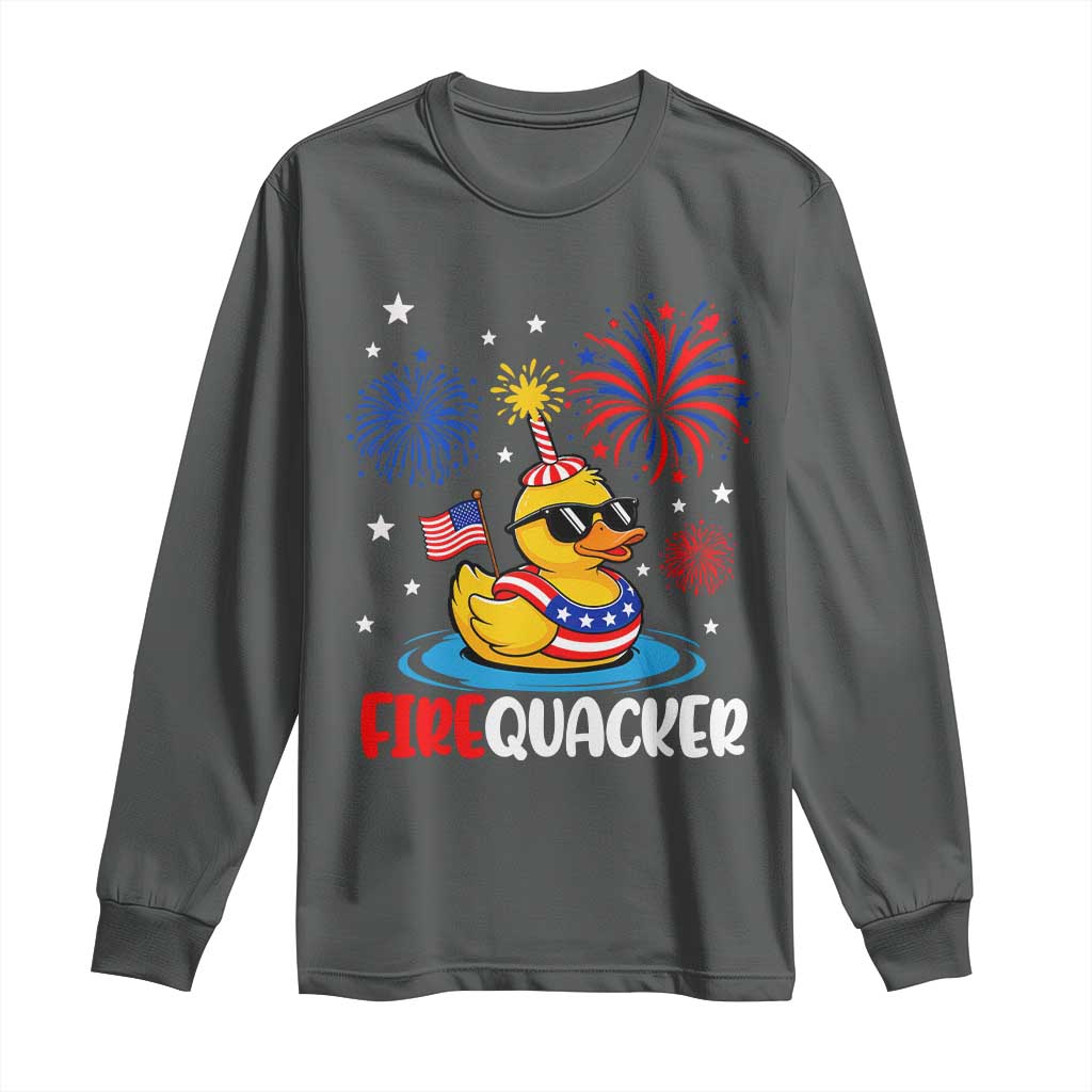 Firequacker Funny Patriotic Rubber Duck Long Sleeve Shirt Cool American Flag Sunglasses and Stars Swim Ring Summer Fireworks