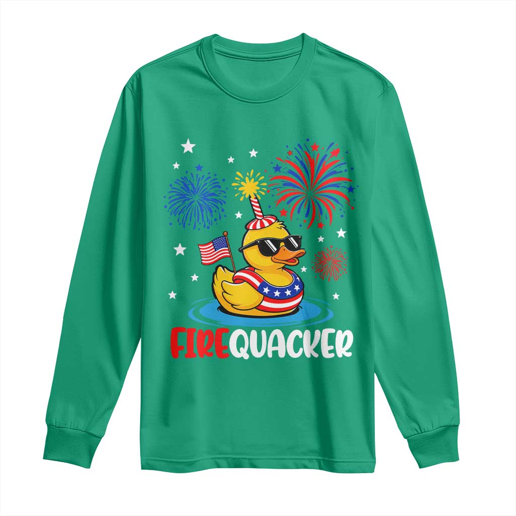Firequacker Funny Patriotic Rubber Duck Long Sleeve Shirt Cool American Flag Sunglasses and Stars Swim Ring Summer Fireworks