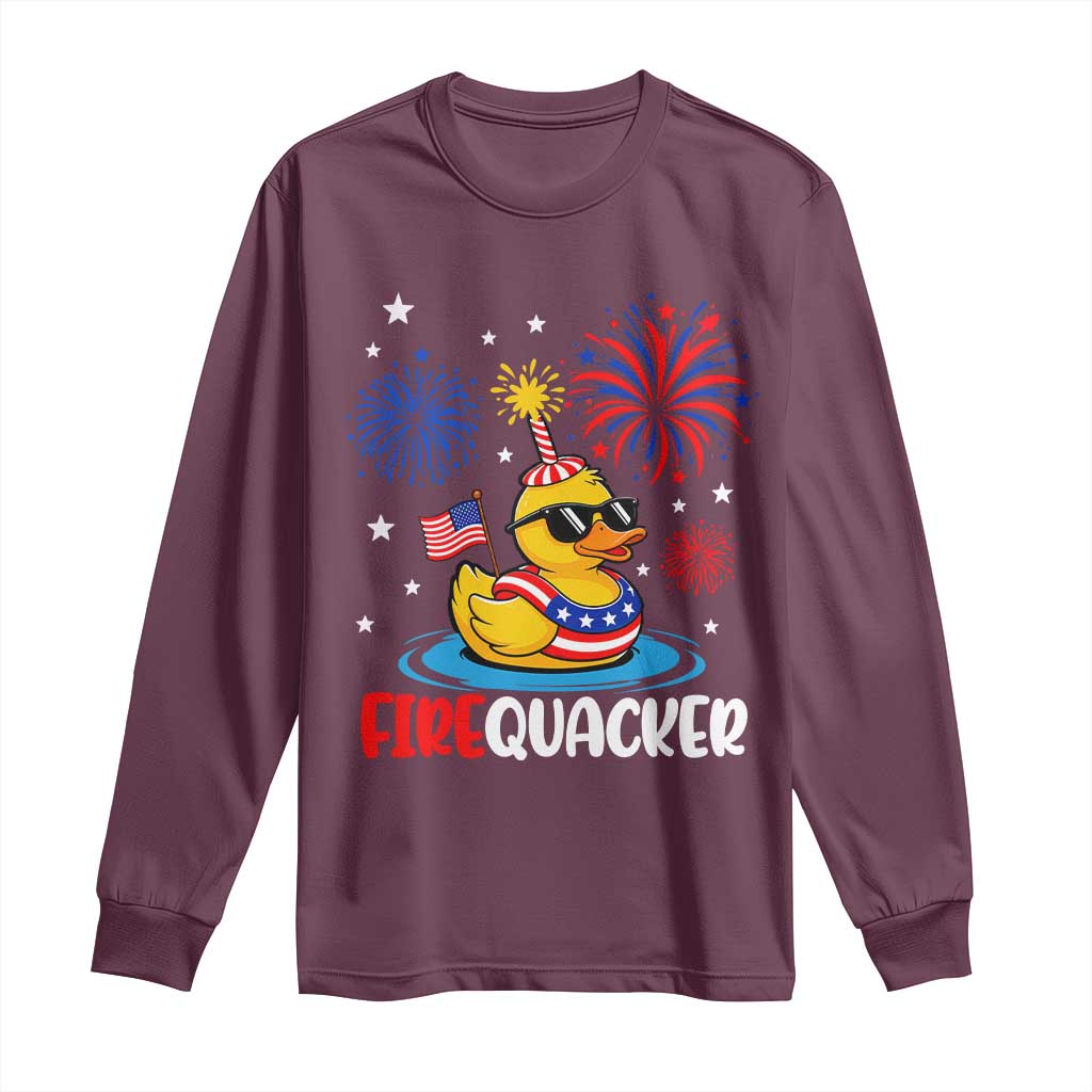 Firequacker Funny Patriotic Rubber Duck Long Sleeve Shirt Cool American Flag Sunglasses and Stars Swim Ring Summer Fireworks