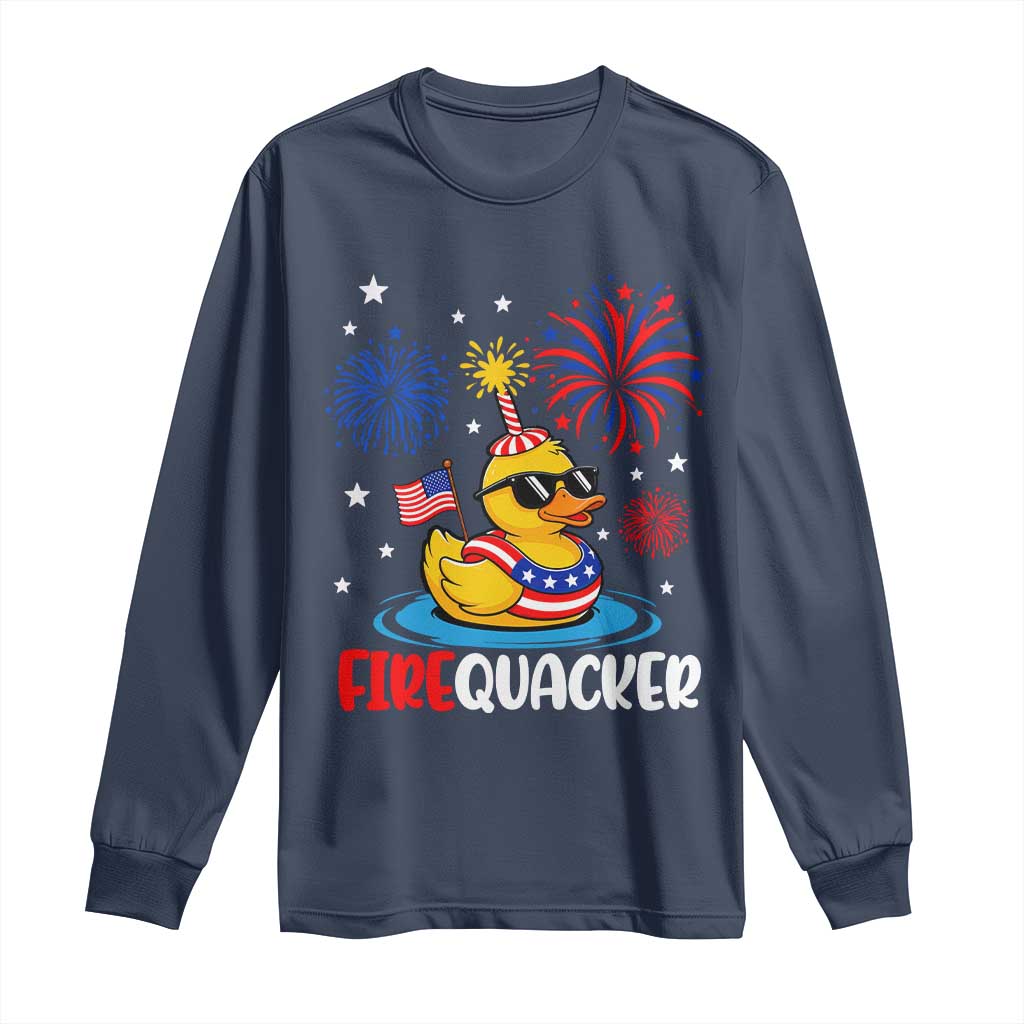 Firequacker Funny Patriotic Rubber Duck Long Sleeve Shirt Cool American Flag Sunglasses and Stars Swim Ring Summer Fireworks