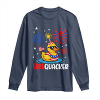 Firequacker Funny Patriotic Rubber Duck Long Sleeve Shirt Cool American Flag Sunglasses and Stars Swim Ring Summer Fireworks