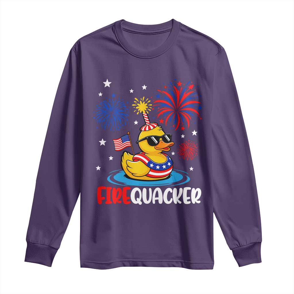 Firequacker Funny Patriotic Rubber Duck Long Sleeve Shirt Cool American Flag Sunglasses and Stars Swim Ring Summer Fireworks