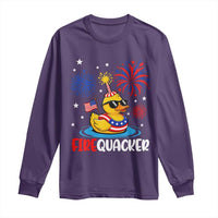Firequacker Funny Patriotic Rubber Duck Long Sleeve Shirt Cool American Flag Sunglasses and Stars Swim Ring Summer Fireworks