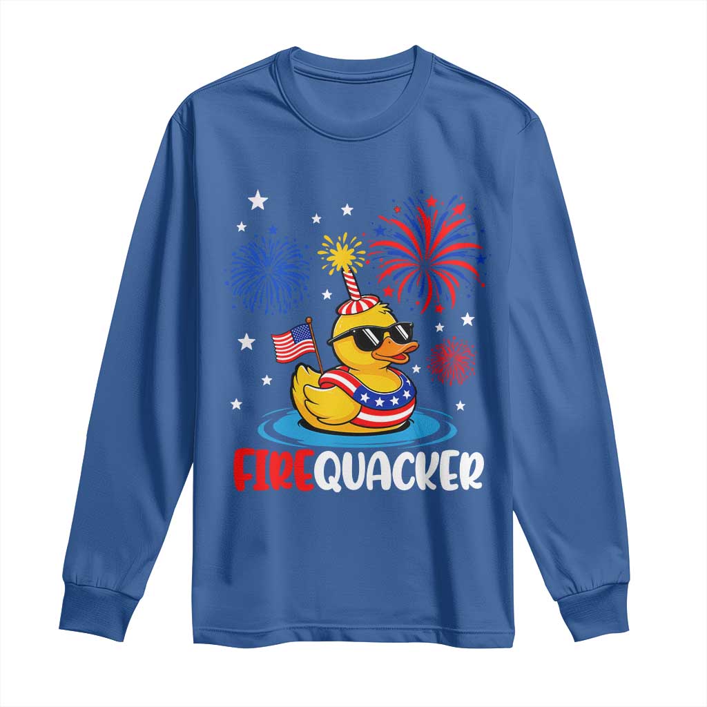 Firequacker Funny Patriotic Rubber Duck Long Sleeve Shirt Cool American Flag Sunglasses and Stars Swim Ring Summer Fireworks