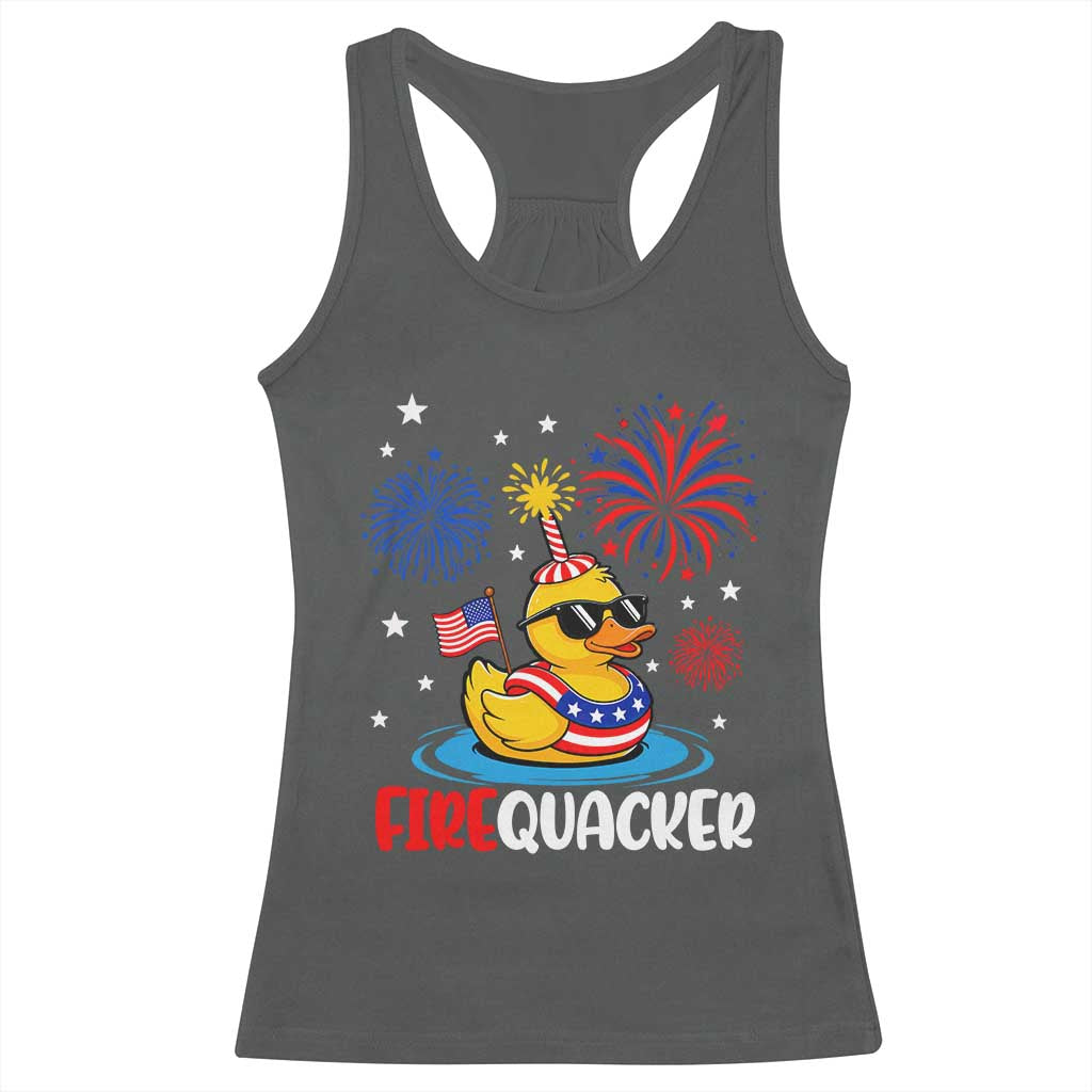 Firequacker Funny Patriotic Rubber Duck Racerback Tank Top Cool American Flag Sunglasses and Stars Swim Ring Summer Fireworks
