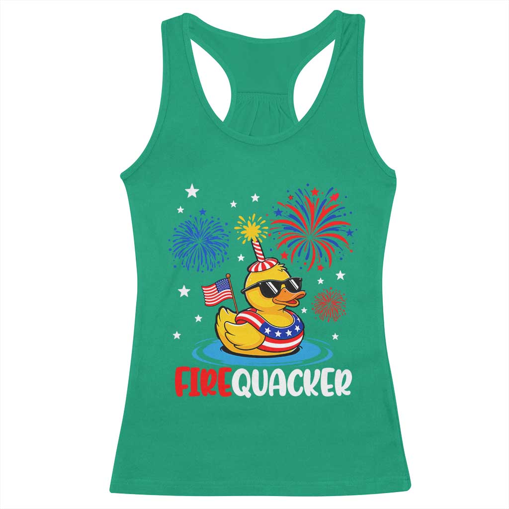 Firequacker Funny Patriotic Rubber Duck Racerback Tank Top Cool American Flag Sunglasses and Stars Swim Ring Summer Fireworks