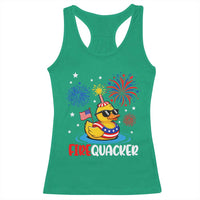 Firequacker Funny Patriotic Rubber Duck Racerback Tank Top Cool American Flag Sunglasses and Stars Swim Ring Summer Fireworks