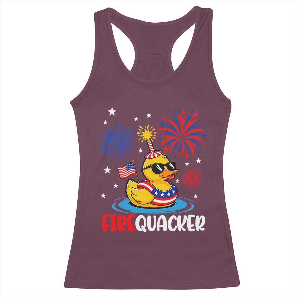 Firequacker Funny Patriotic Rubber Duck Racerback Tank Top Cool American Flag Sunglasses and Stars Swim Ring Summer Fireworks