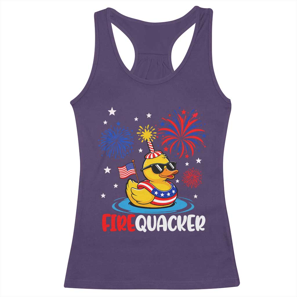 Firequacker Funny Patriotic Rubber Duck Racerback Tank Top Cool American Flag Sunglasses and Stars Swim Ring Summer Fireworks