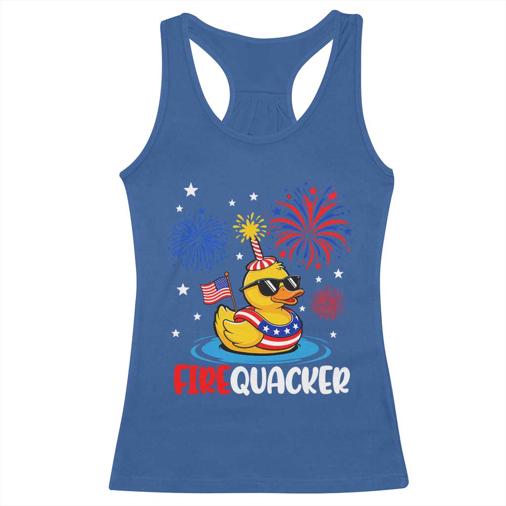 Firequacker Funny Patriotic Rubber Duck Racerback Tank Top Cool American Flag Sunglasses and Stars Swim Ring Summer Fireworks